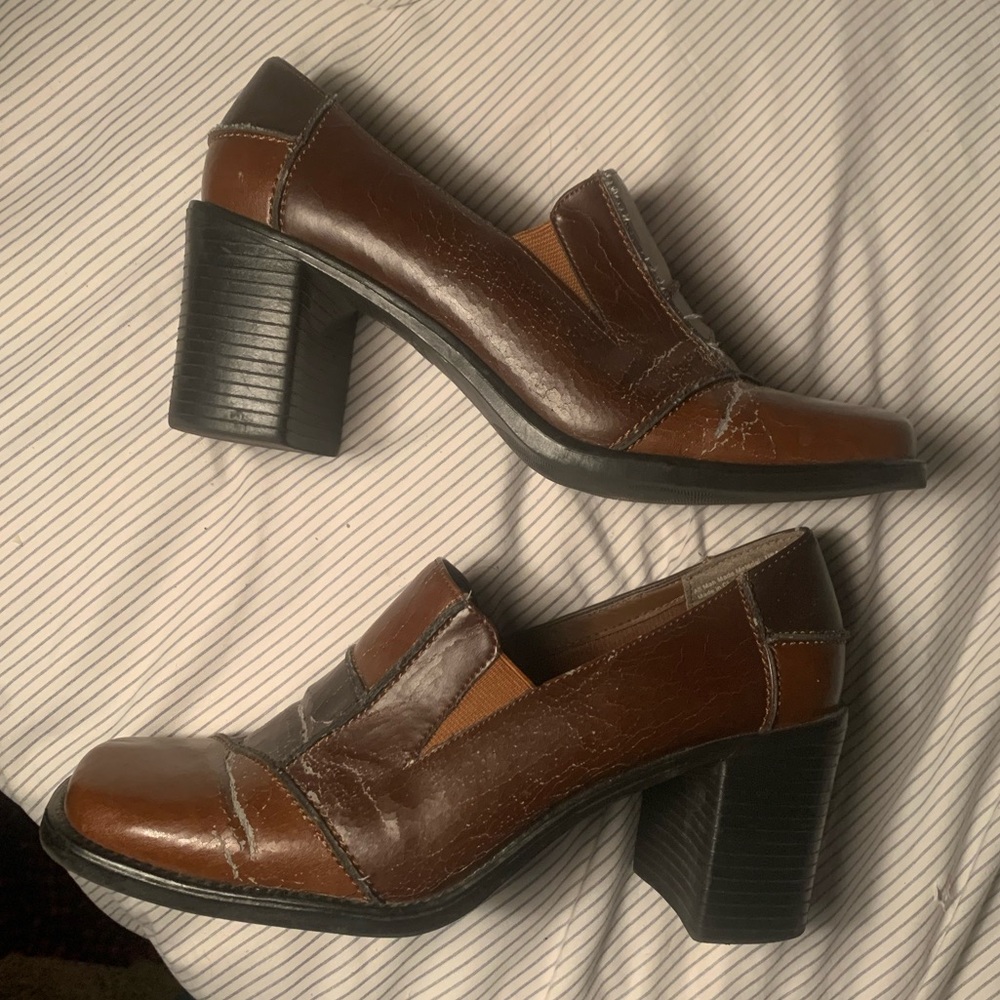 Vintage patchwork brown leather loafers square toe